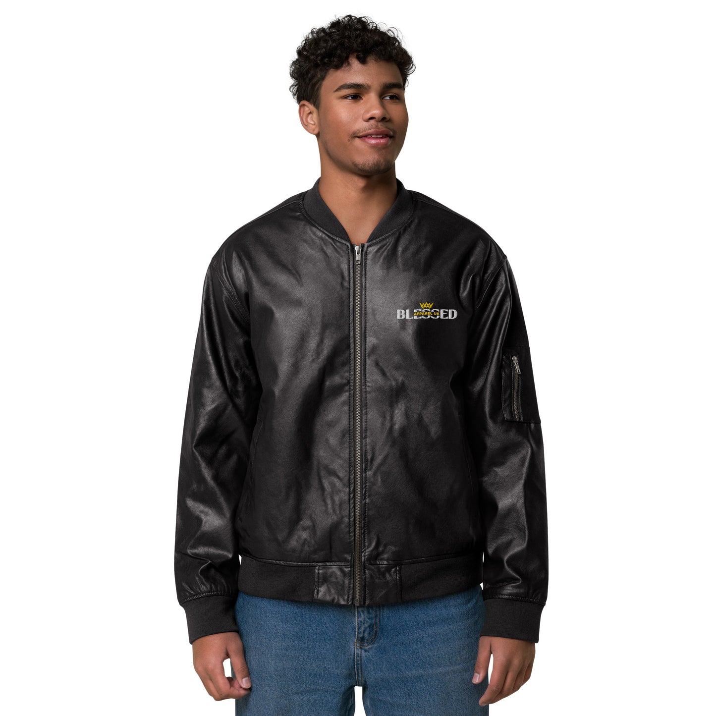 Image of a smiling person wearing a black jacket with blessed apparel logo in yellow and white.