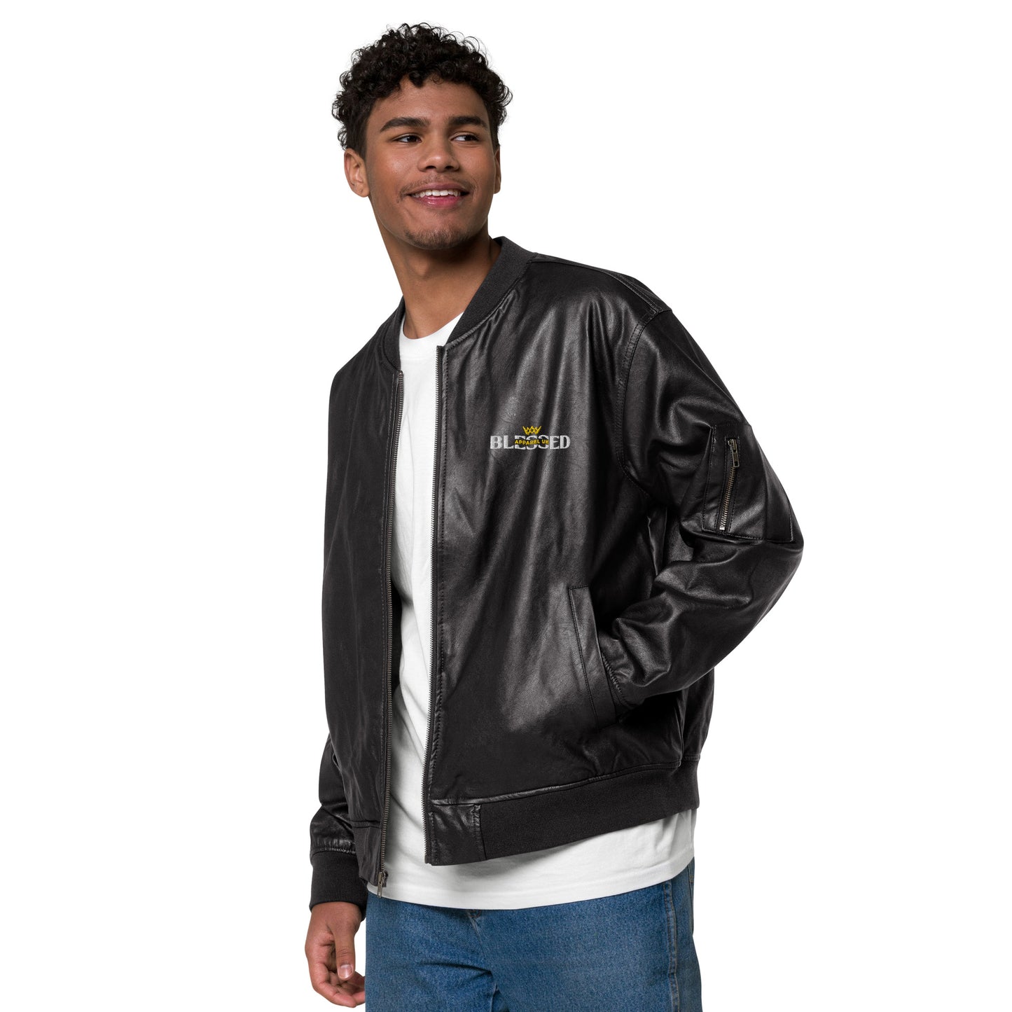 Image of a smiling person wearing a black jacket with blessed apparel logo in yellow and white.
