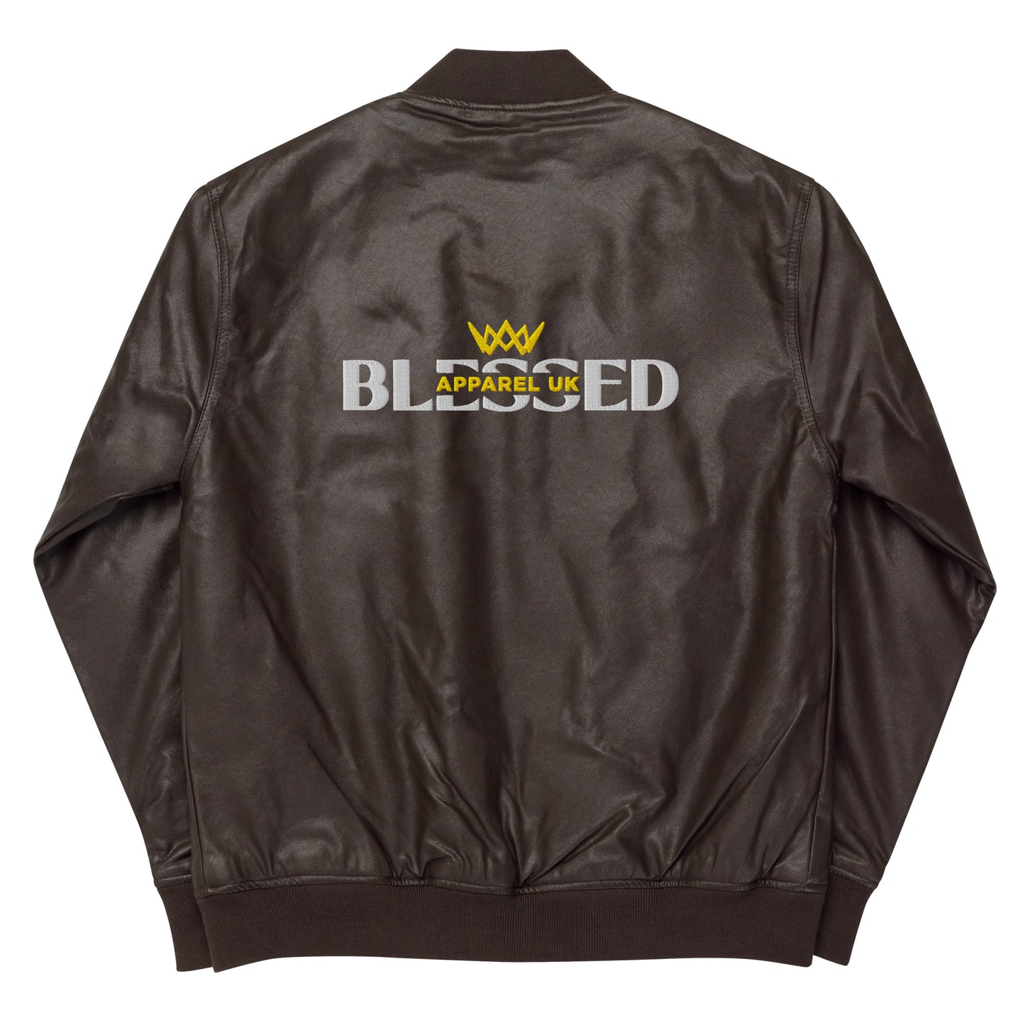 Image of the back of a brown jacket with blessed apparel logo in yellow and white.