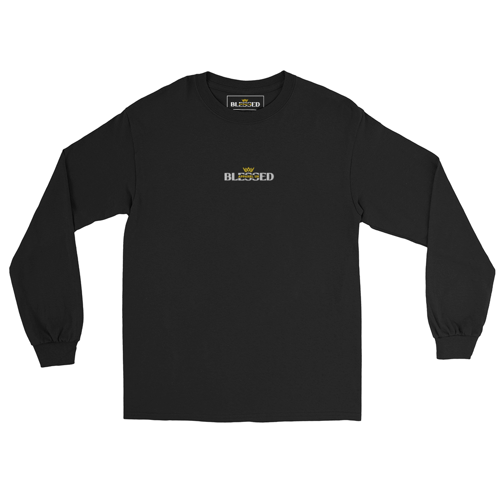 Flat lay image of a black long sleeve top with blessed apparel logo in yellow and white on the front and inside label.