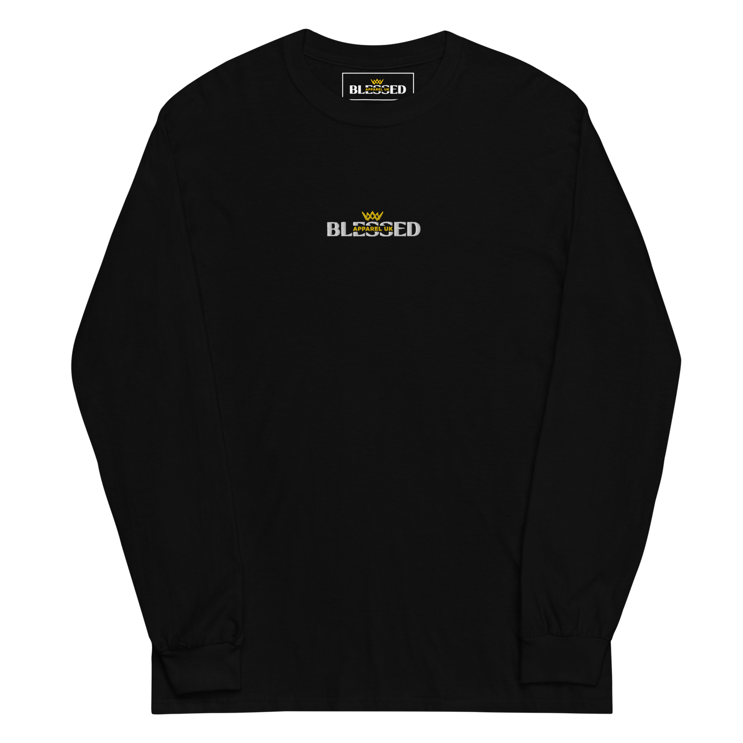 Flat lay image of a black long sleeve top with blessed apparel logo in yellow and white on the front and inside label.