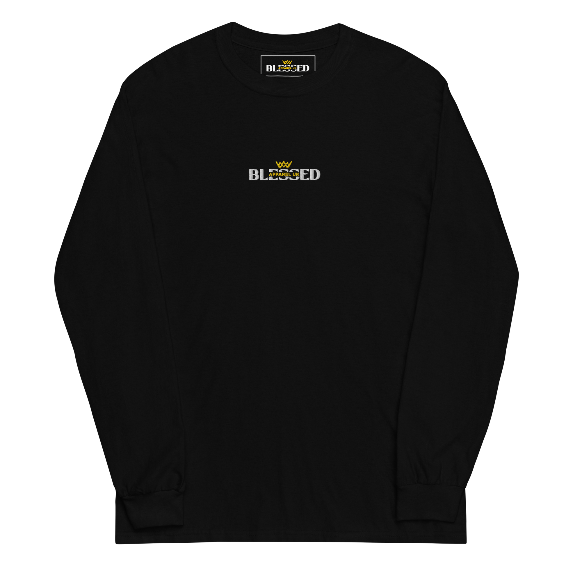 Flat lay image of a black long sleeve top with blessed apparel logo in yellow and white on the front and inside label.