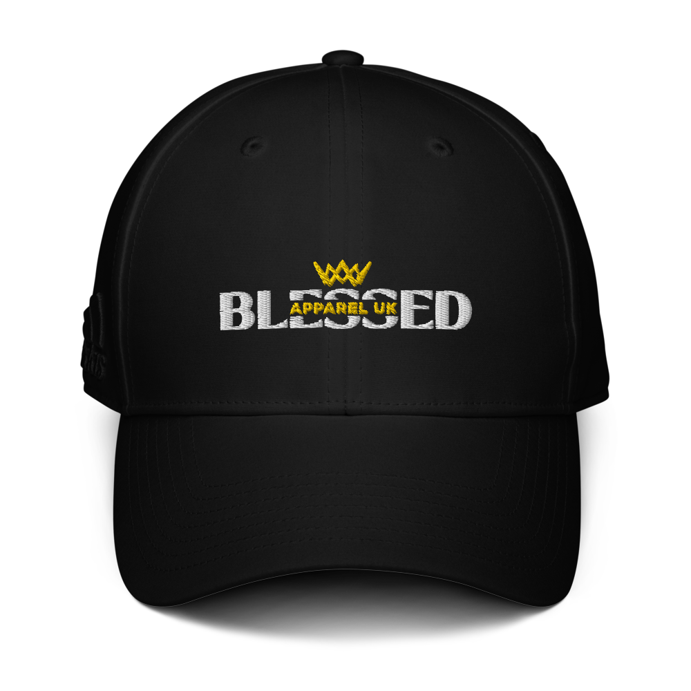 Image of a black baseball cap with  blessed apparel logo in yellow and white.