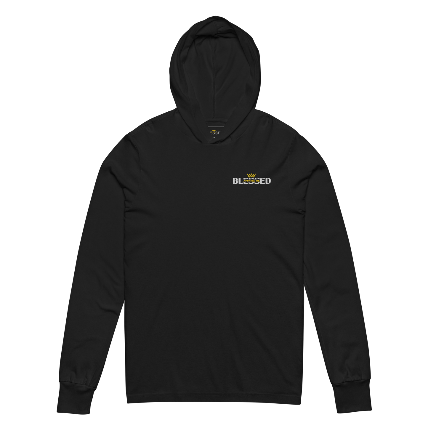 Flat lay image of a black hooded long sleeve t-shirt with blessed apparel logo in yellow and white.