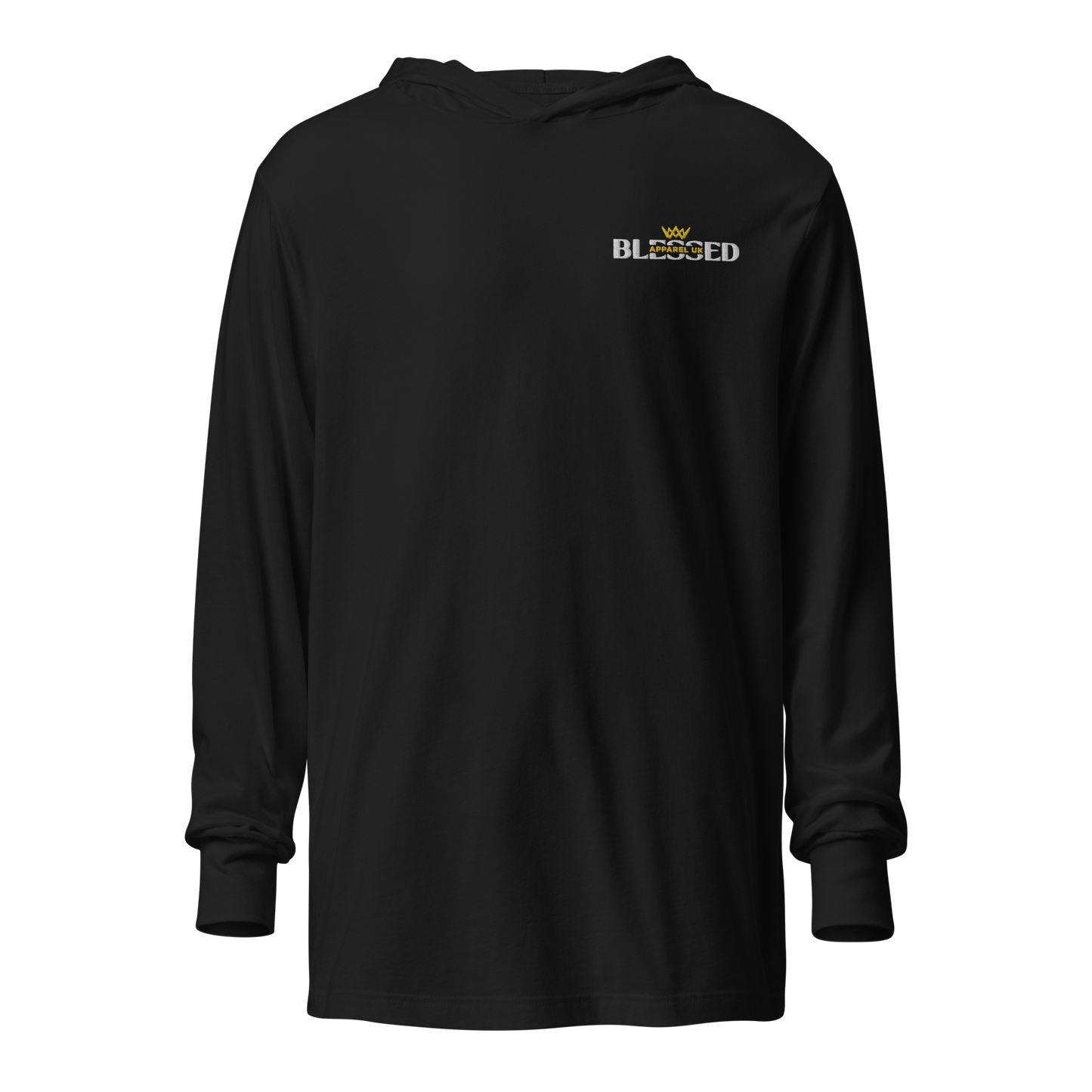 Image of a black hooded long sleeve t-shirt with blessed apparel logo in yellow and white.