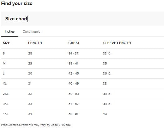 Men's Long Sleeve Shirt Size Chart