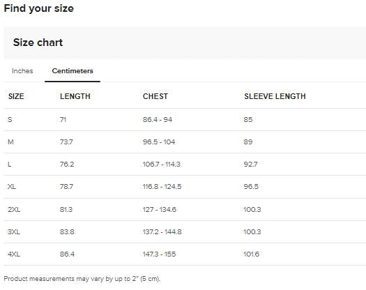 Men's Long Sleeve Shirt Size Chart