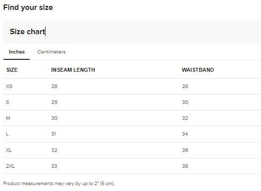 Sweat Pants Size Chart