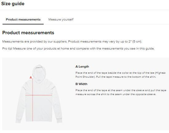 Image of Unisex Hoodie size guide with product measurements