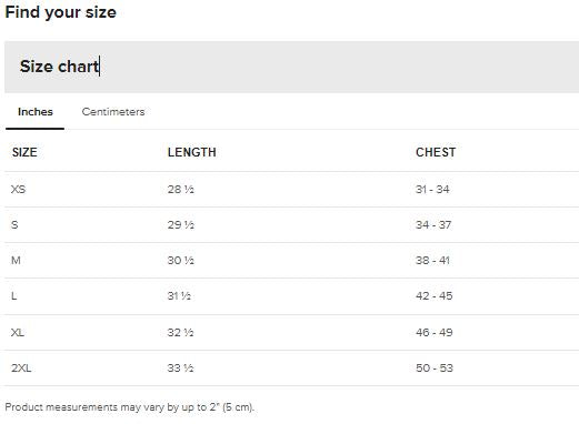 Image of Unisex Hoodie size guide with product measurements