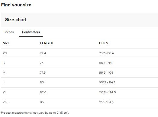 Unisex Hooded Long-Sleeve Tee Size Guide Chart