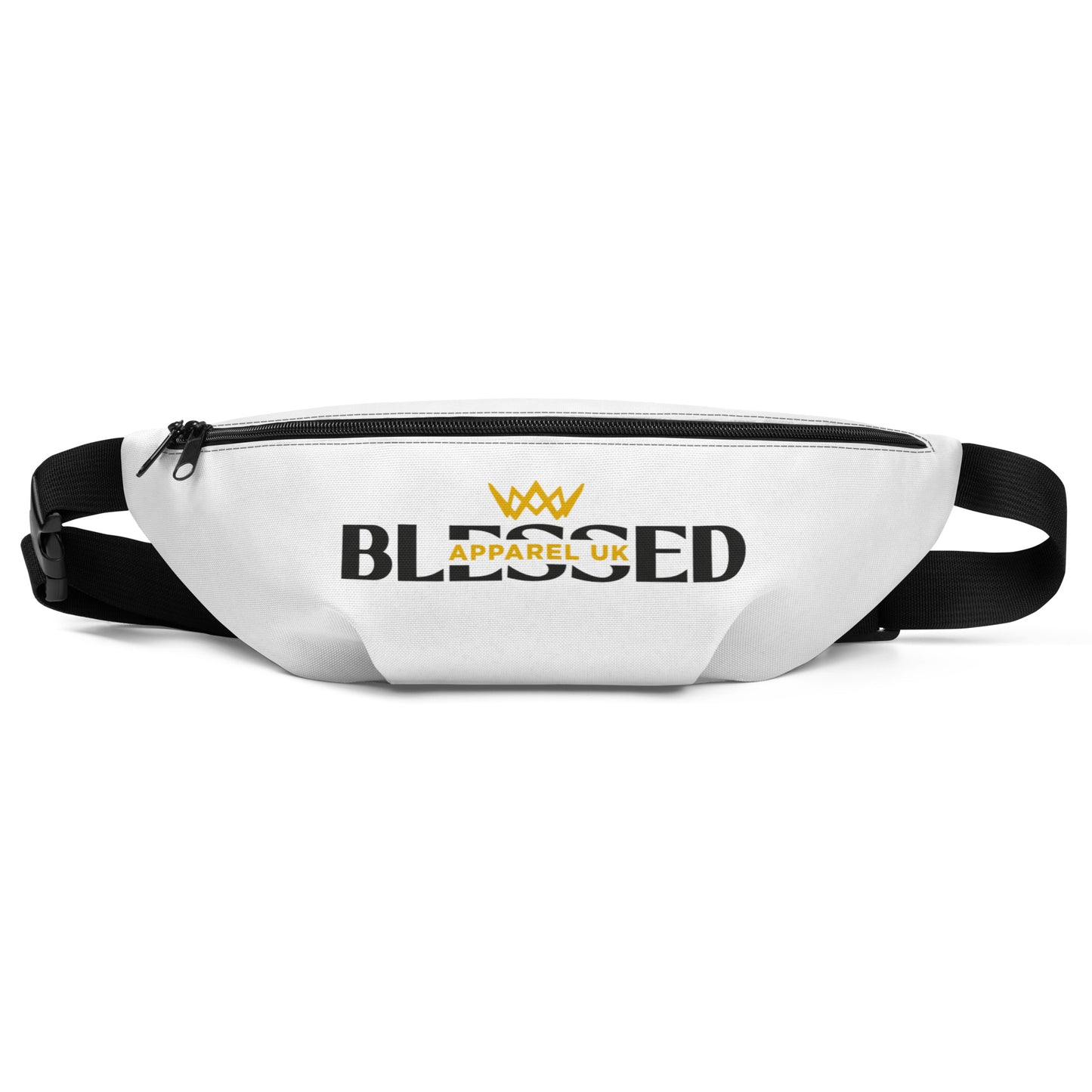 Close up image of white bum bag with blessed apparel logo in yellow and white.