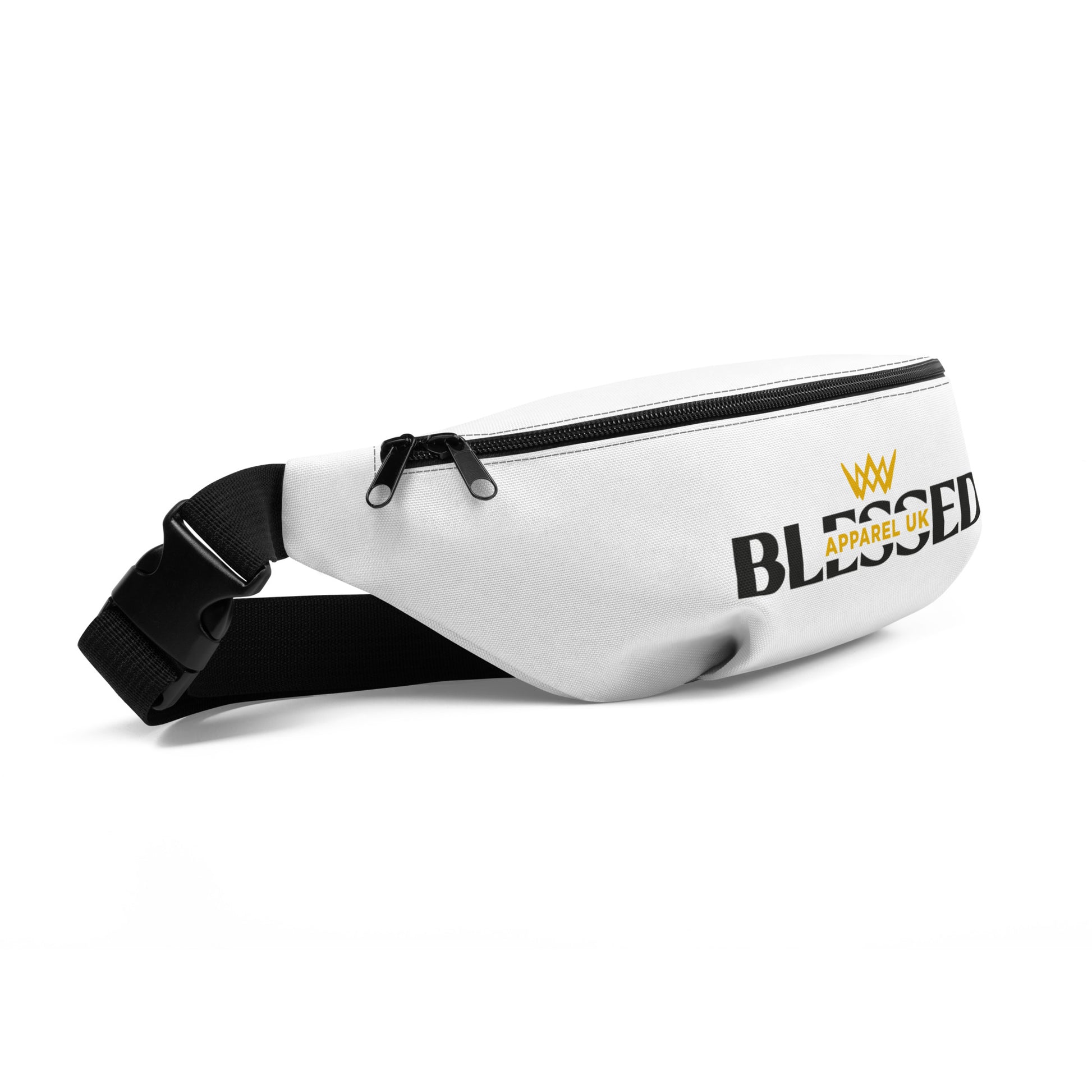 Close up image of white bum bag with blessed apparel logo in yellow and white.