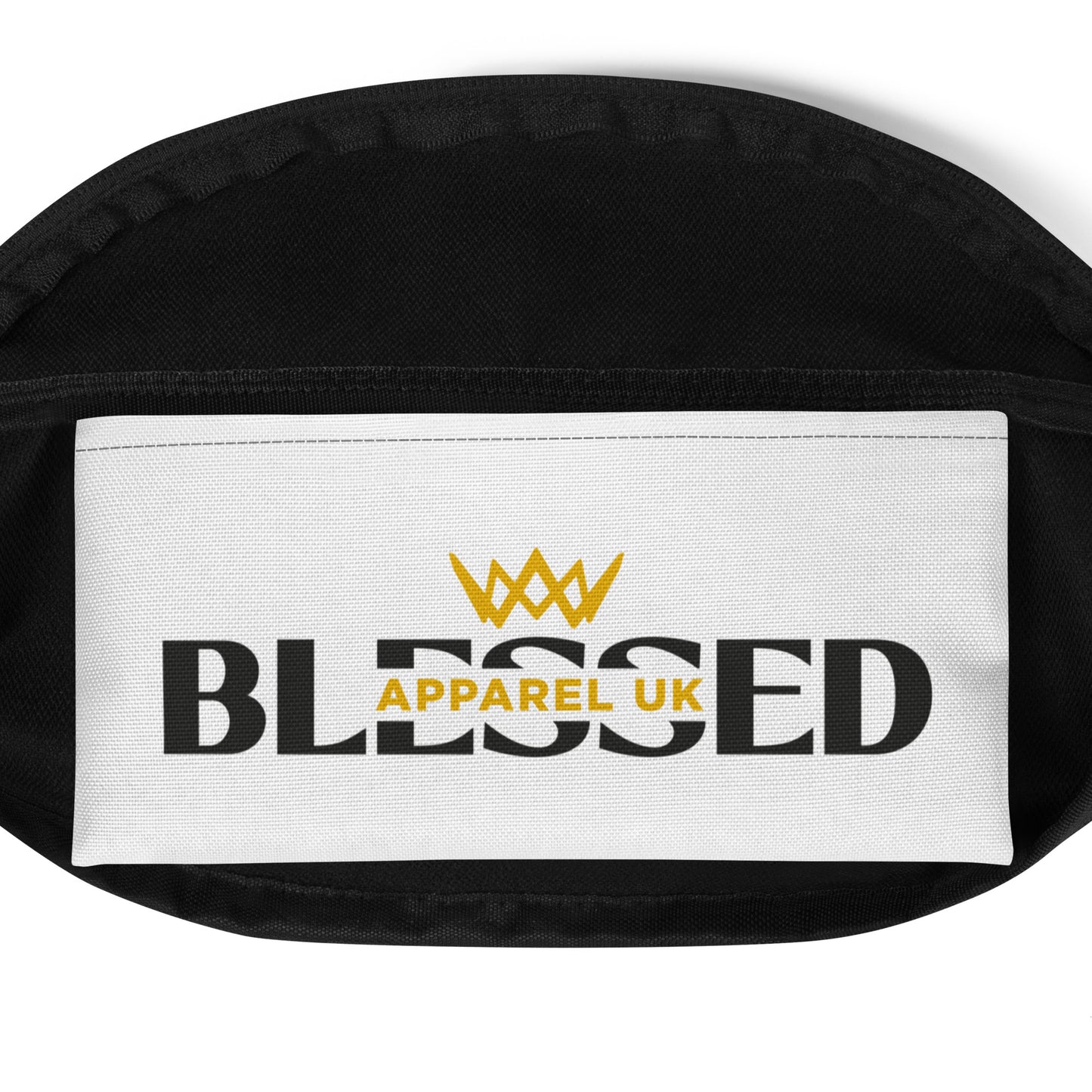 Close up image of the inside pocket of a white bum bag with blessed apparel logo in yellow and white.