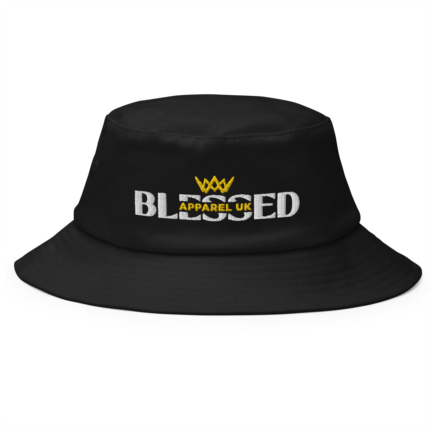 Close up Image of a bucket hat with blessed apparel logo in yellow and white.