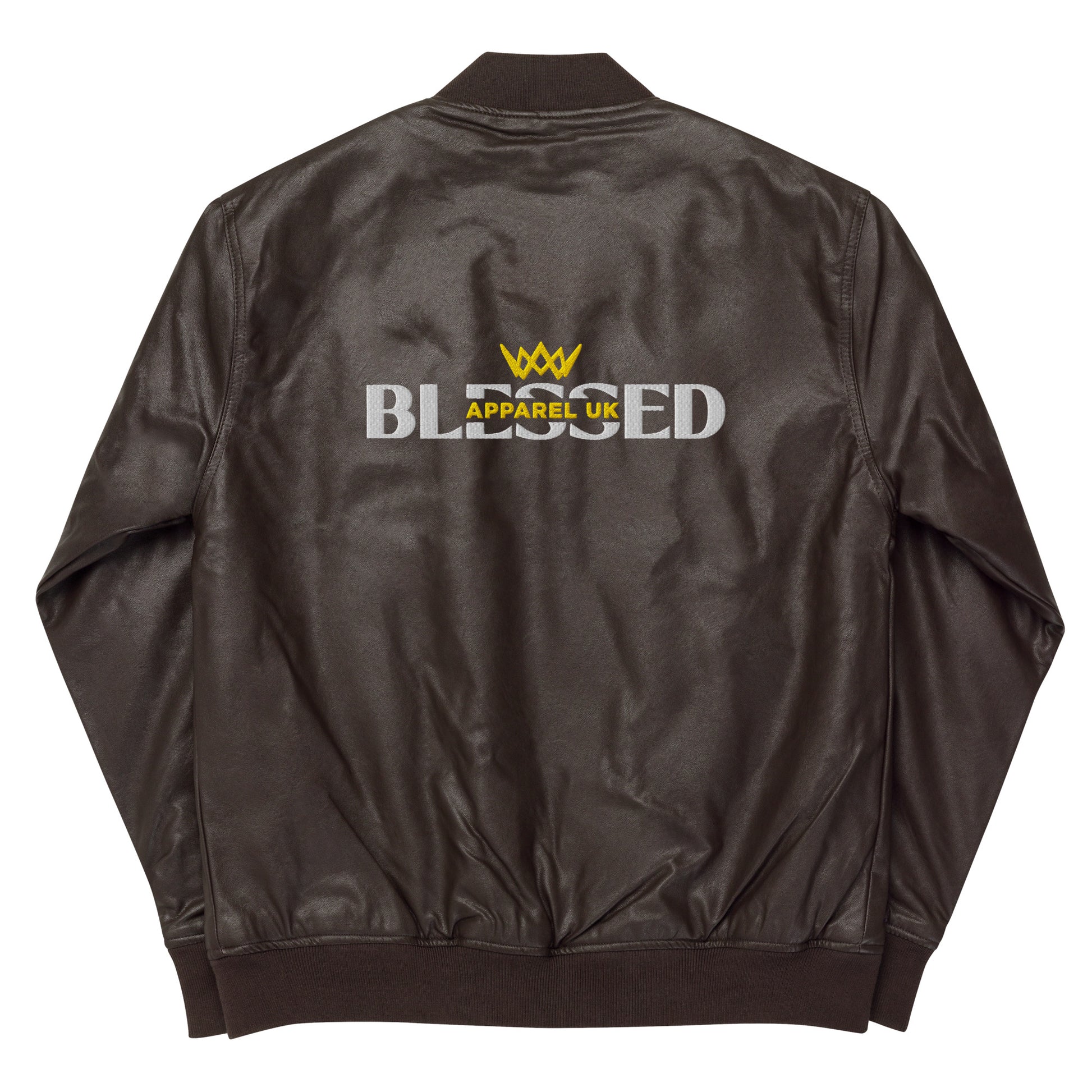 Image of the back of a brown jacket with  blessed apparel logo in yellow and white.