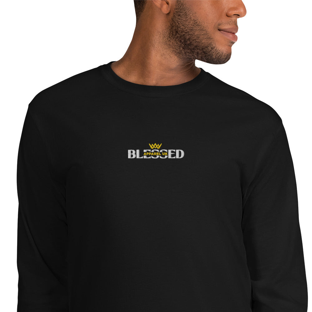 Close up image of a person wearing a black long sleeve top with blessed apparel logo in yellow and white.