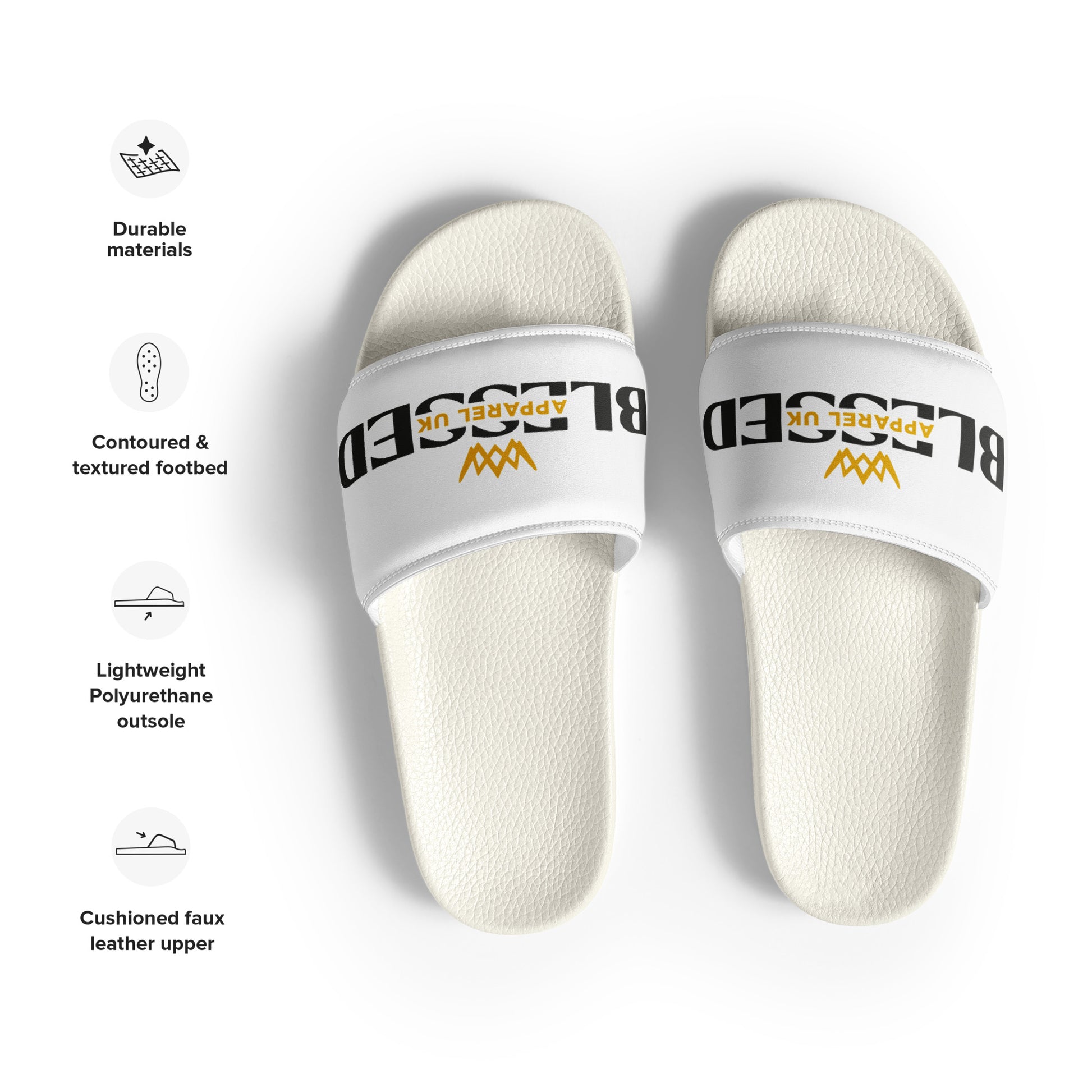 Close up image of pair of white slides with blessed apparel logo in yellow and white. The image also includes a breakdown of the materials, footbed, outsole and leather upper.