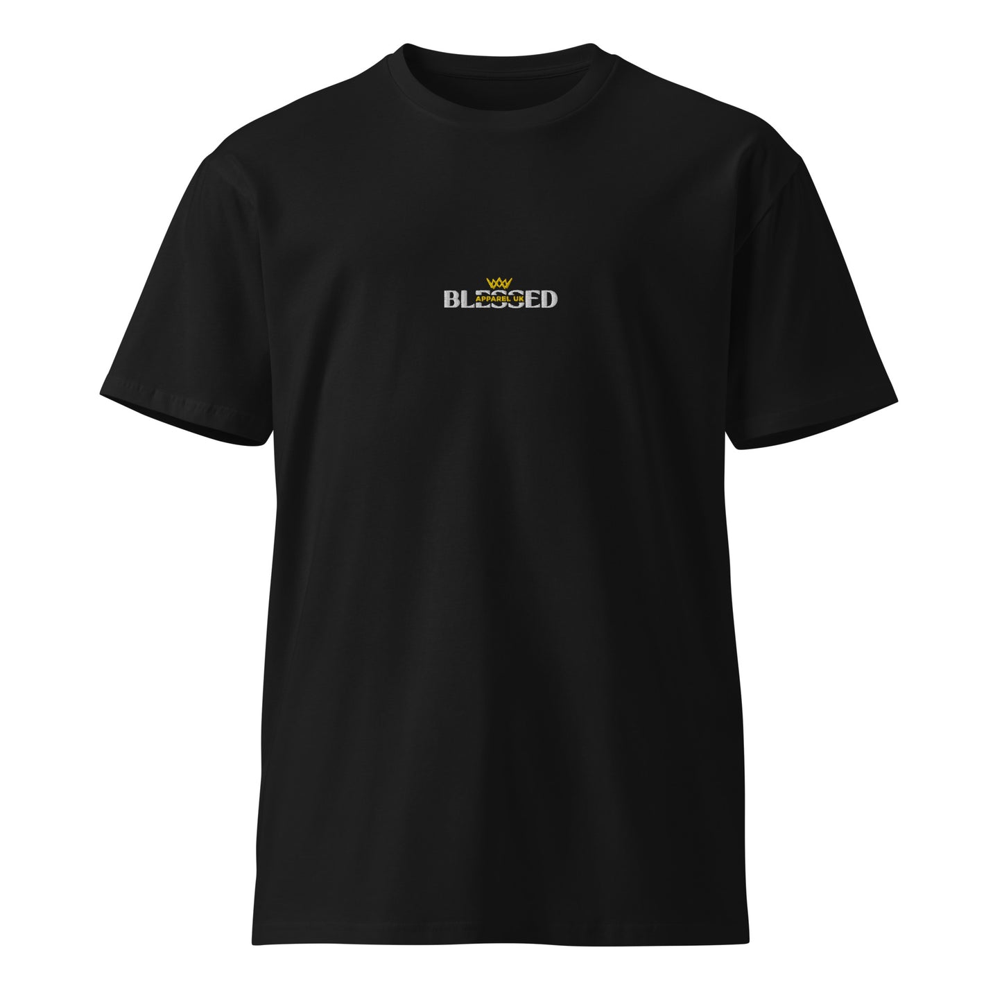 Image of a black short sleeve t-shirt with blessed apparel logo in yellow and white.