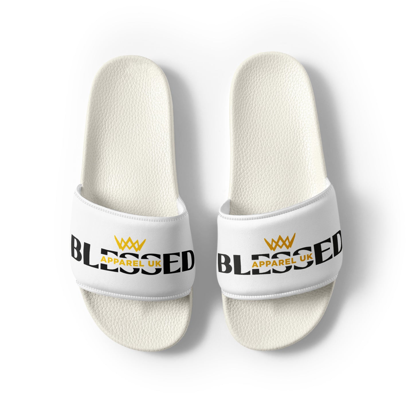 Close up image of a white pair of slides with blessed apparel logo in yellow and white.