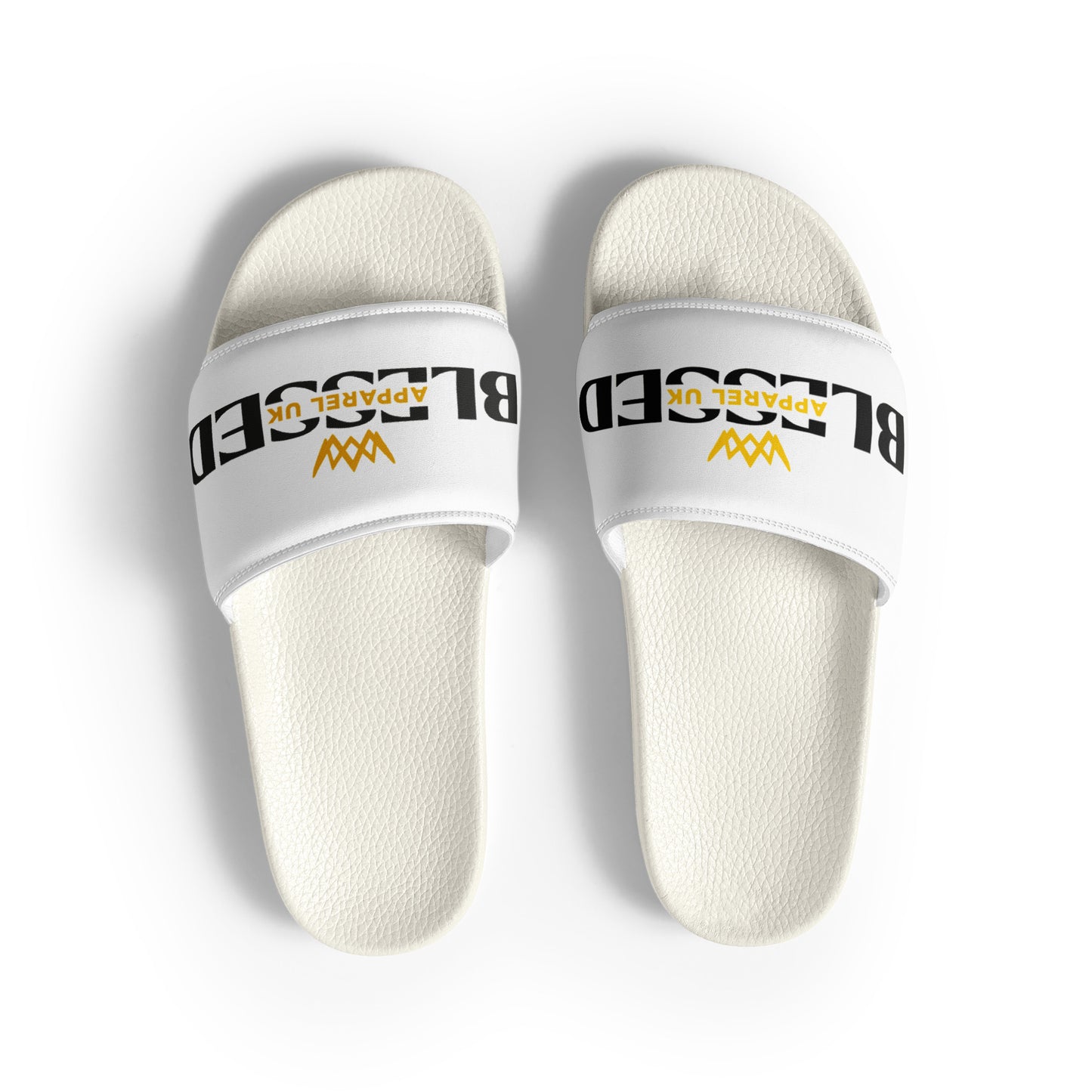 Close up image of a white pair of slides with blessed apparel logo in yellow and white.