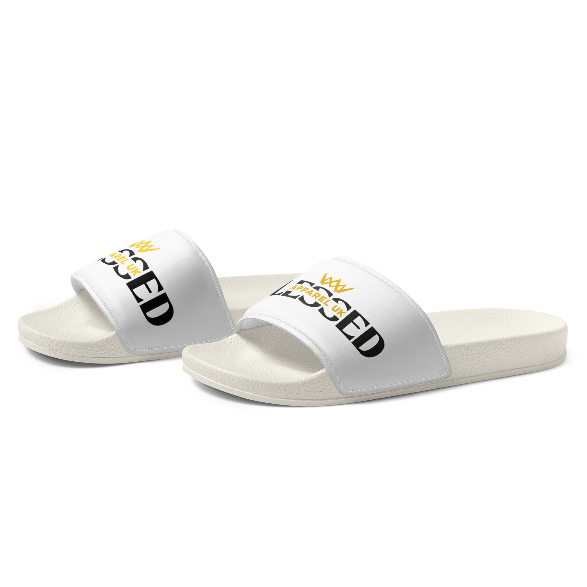 Close up image of a white pair of slides with blessed apparel logo in yellow and white.