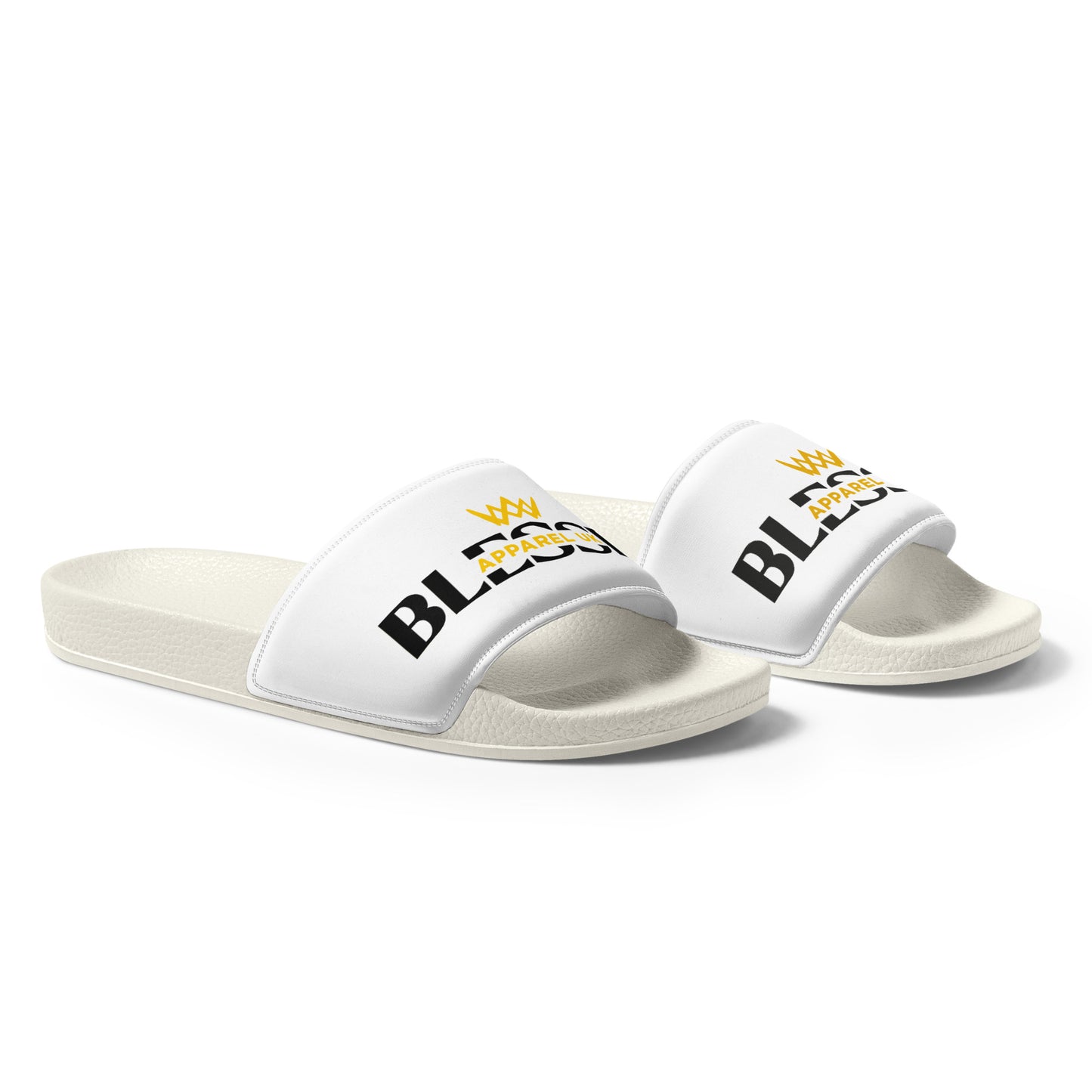 Close up image of a white pair of slides with blessed apparel logo in yellow and white.